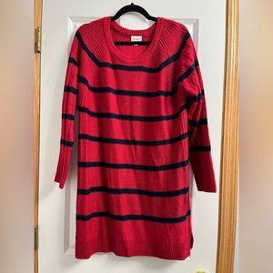 Navy-striped red sweater dress